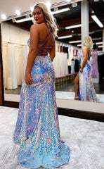 L1187 - Sparkly Fully Sequined Lace-Up Back With Train And Slit Evening Formal Party Prom Dress