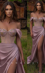 L1192 - Crystal Beaded Illusion Ruched With Train And Slit Evening Formal Party Prom Dress