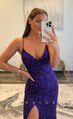 L1193 - Fully Sequined Lace-Up Back With Train And Slit Formal Party Prom Evening Dress