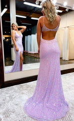 L1194 - Fully Sequined Beaded Embellished With Train And Slit Formal Party Prom Evening Dress