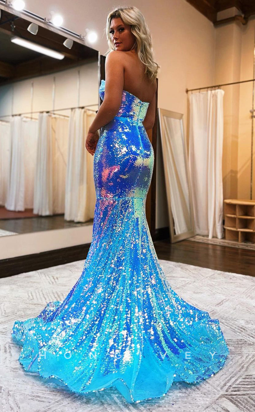 L1195 - Sparkly Fully Sequined Strapless With Train And Slit Party Prom Evening Formal Dress