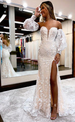 L1196 - Fully Lace Embroidered Plunging Illusion Puff Sleeves With Train And Slit Party Prom Evening Formal Dress