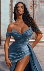 L1200 - Crystal Beaded Ruched With Train And Slit Formal Party Prom Evening Dress