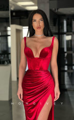 L1206 - Simple Ruched With Train And Slit Formal Party Prom Evening Dress