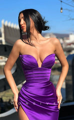 L1212 - Simple Sexy Strapless Ruched With Train And Slit Party Prom Formal Evening Dress