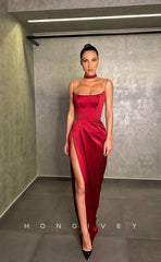 L1223 - Simple Ruched With Train And Slit Formal Evening Prom Party Dress