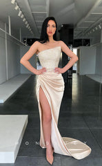 L1226 - Sequined Embellished Strapless With Train And Slit Prom Party Formal Evening Dress