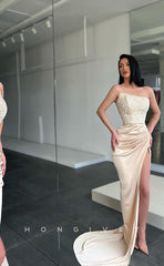 L1226 - Sequined Embellished Strapless With Train And Slit Prom Party Formal Evening Dress