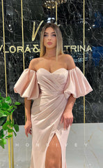 L1227 - Puff Sleeves Ruched Strapless With Train And Slit Party Formal Evening Prom Dress