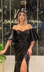 L1227 - Puff Sleeves Ruched Strapless With Train And Slit Party Formal Evening Prom Dress