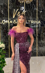 L1230 - Fully Sequined Feathered With Train And Slit Formal Evening Prom Party Dress