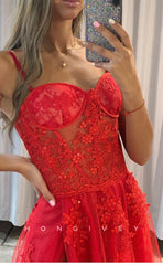 L1231 - Glitter Illusion Floral Lace Embroidered With Train And Slit Formal Evening Prom Party Dress