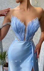 L1237 - Feathered Crystal Beaded Plunging Illusion With Train And Slit Evening Party Formal Prom Dress