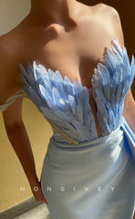 L1237 - Feathered Crystal Beaded Plunging Illusion With Train And Slit Evening Party Formal Prom Dress