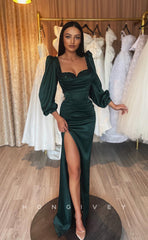 L1238 - Sequined Embellished Long Sleeves With Train And Slit Evening Party Formal Prom Dress