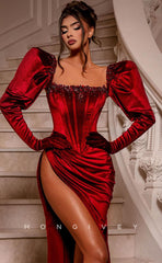 L1239 - Crystal Beaded Long Sleeves With Train And Slit Evening Formal Prom Party Dress
