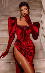 L1239 - Crystal Beaded Long Sleeves With Train And Slit Evening Formal Prom Party Dress