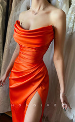 L1245 - Simple Ruched Strapless With Slit Evening Party Prom Formal Dress