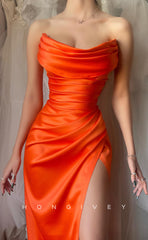 L1245 - Simple Ruched Strapless With Slit Evening Party Prom Formal Dress