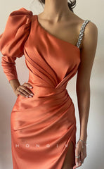 L1246 - Crystal Beaded One Shoulder Ruched With Slit Evening Prom Formal Party Dress