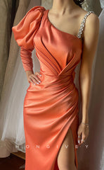 L1246 - Crystal Beaded One Shoulder Ruched With Slit Evening Prom Formal Party Dress