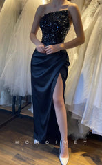 L1247 - Sequined Embellished Ruched Strapless With Slit Prom Formal Party Evening Dress