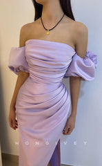 L1248 - Puff Sleeves Lace-Up Back Ruched With Slit Formal Party Evening Prom Dress