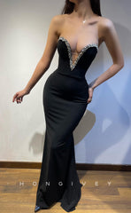L1250 - Crystal Beaded Strapless Plunging Illusion Mermaid Party Evening Prom Formal Dress