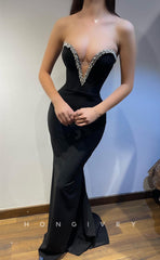 L1250 - Crystal Beaded Strapless Plunging Illusion Mermaid Party Evening Prom Formal Dress