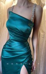 L1252 - Crystal Beaded Ruched With Train And Slit Prom Formal Party Evening Dress