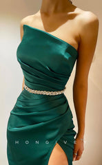 L1252 - Crystal Beaded Ruched With Train And Slit Prom Formal Party Evening Dress