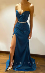 L1253 - Crystal Beaded Ruched With Train And Slit Prom Formal Party Evening Dress