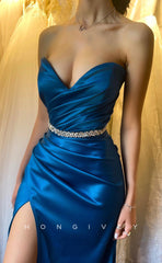 L1253 - Crystal Beaded Ruched With Train And Slit Prom Formal Party Evening Dress