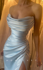 L1254 - Simple Ruched Strapless With Slit Formal Party Evening Prom Dress