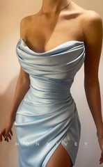 L1254 - Simple Ruched Strapless With Slit Formal Party Evening Prom Dress