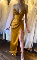 L1256 - Sexy Simple Ruched Strapless With Slit Party Evening Prom Formal Dress