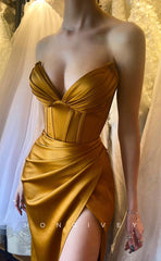 L1256 - Sexy Simple Ruched Strapless With Slit Party Evening Prom Formal Dress