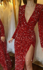 L1258 - Sparkly Fully Sequined V-Neck Long Sleeves With Slit Evening Prom Formal Party Dress