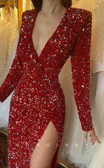 L1258 - Sparkly Fully Sequined V-Neck Long Sleeves With Slit Evening Prom Formal Party Dress