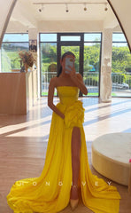 L1259 - Sweet Strapless Floral Embellished With Train And Slit Evening Prom Formal Party Dress