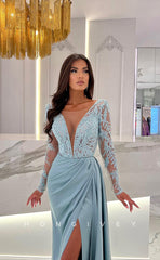 L1260 - Sequined Lace Illusion Long V-Neck With Train And Slit Evening Prom Formal Party Dress