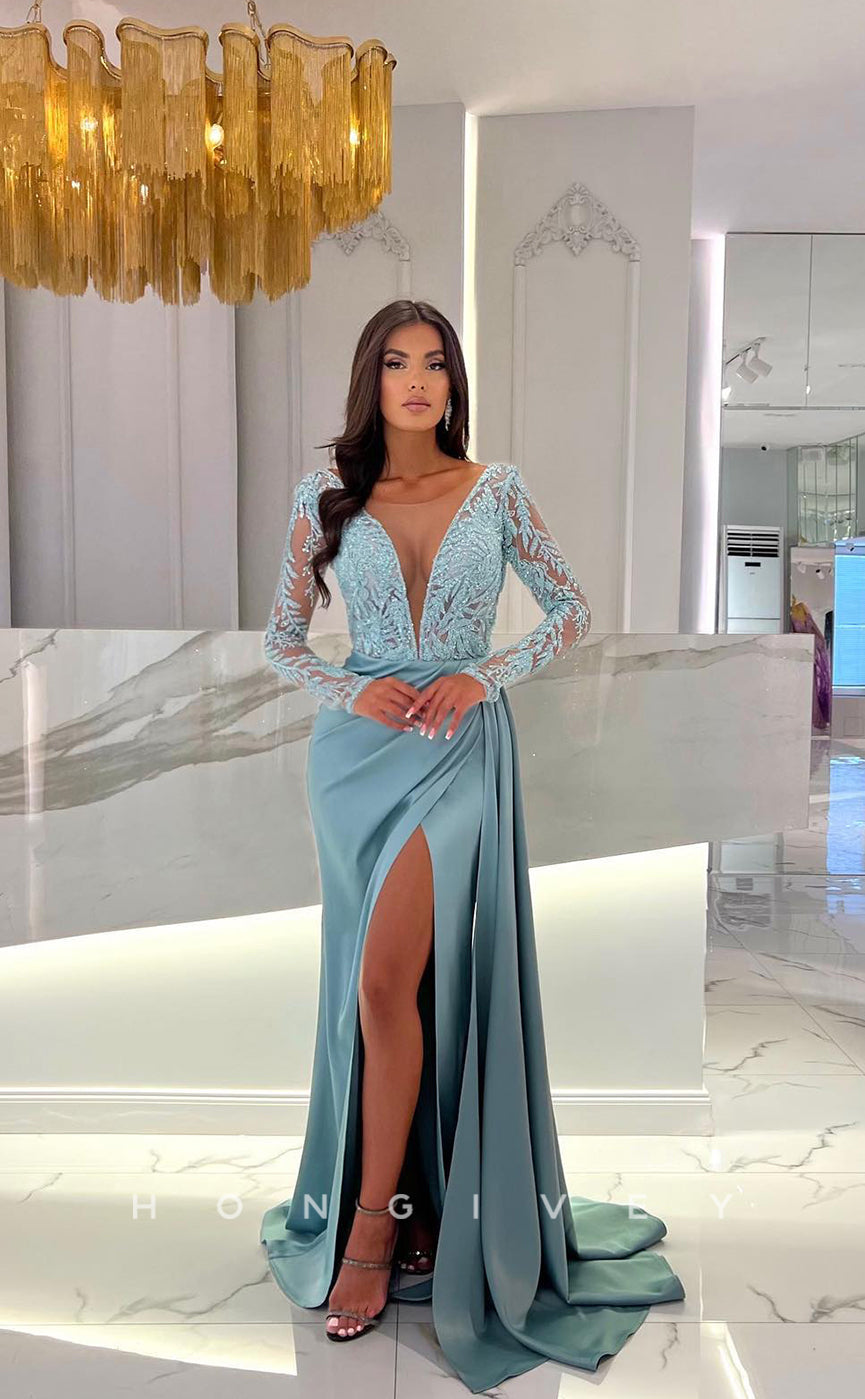 L1260 - Sequined Lace Illusion Long V-Neck With Train And Slit Evening Prom Formal Party Dress