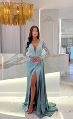 L1260 - Sequined Lace Illusion Long V-Neck With Train And Slit Evening Prom Formal Party Dress