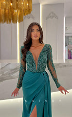 L1260 - Sequined Lace Illusion Long V-Neck With Train And Slit Evening Prom Formal Party Dress