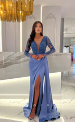 L1260 - Sequined Lace Illusion Long V-Neck With Train And Slit Evening Prom Formal Party Dress