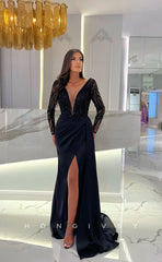 L1260 - Sequined Lace Illusion Long V-Neck With Train And Slit Evening Prom Formal Party Dress