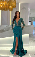 L1260 - Sequined Lace Illusion Long V-Neck With Train And Slit Evening Prom Formal Party Dress