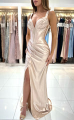 L1262 - Simple Ruched With Train And Slit Party Evening Prom Formal Dress