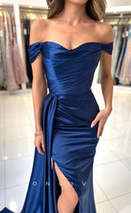 L1263 - Courture Simple Ruched With Train And Slit Evening Prom Formal Party Dress