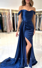 L1263 - Courture Simple Ruched With Train And Slit Evening Prom Formal Party Dress